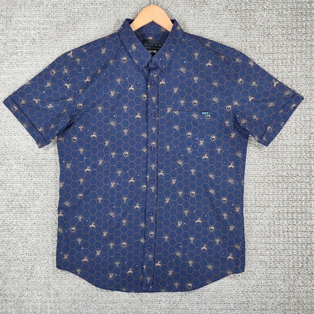 RSVLTS Alien Stages Of Fear KUNUFLEX Short Sleeve Button Down Shirt Mens XL Blue